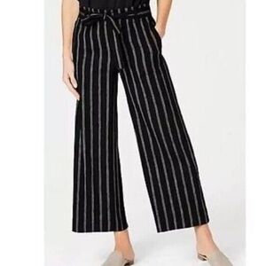 J Jill Pants Black Tan Striped Linen Stretch Crop Wide Leg Tie Pull On Size L
